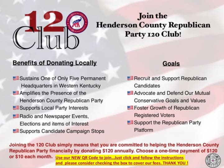 A flyer for the henderson county republican party 1 2 0 club.