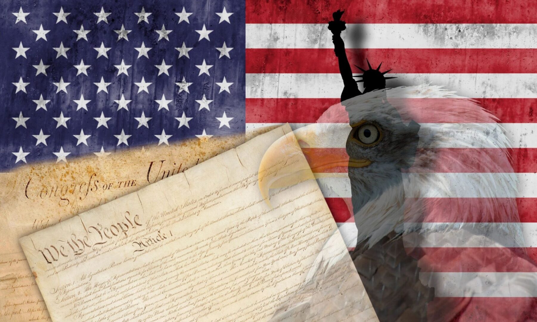 A collage of american flags, an eagle and the declaration of independence.